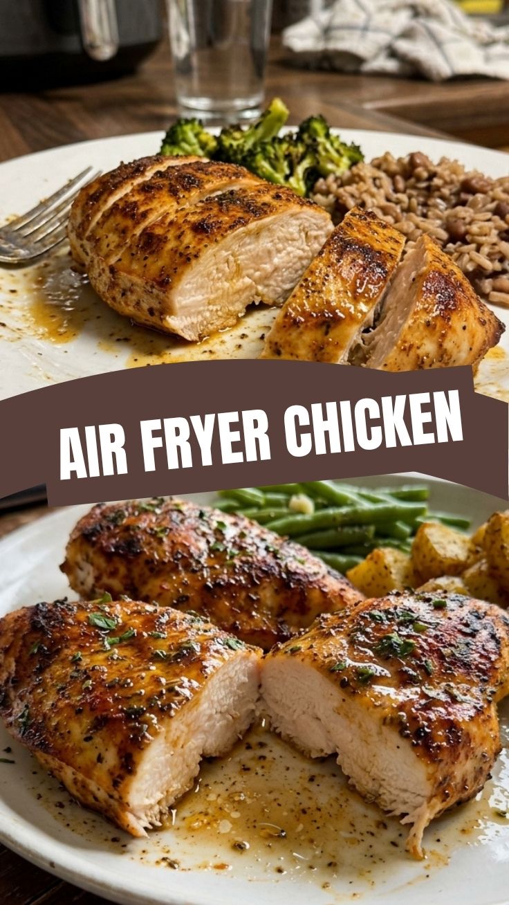 Perfectly cooked air fryer chicken breast with a golden crust