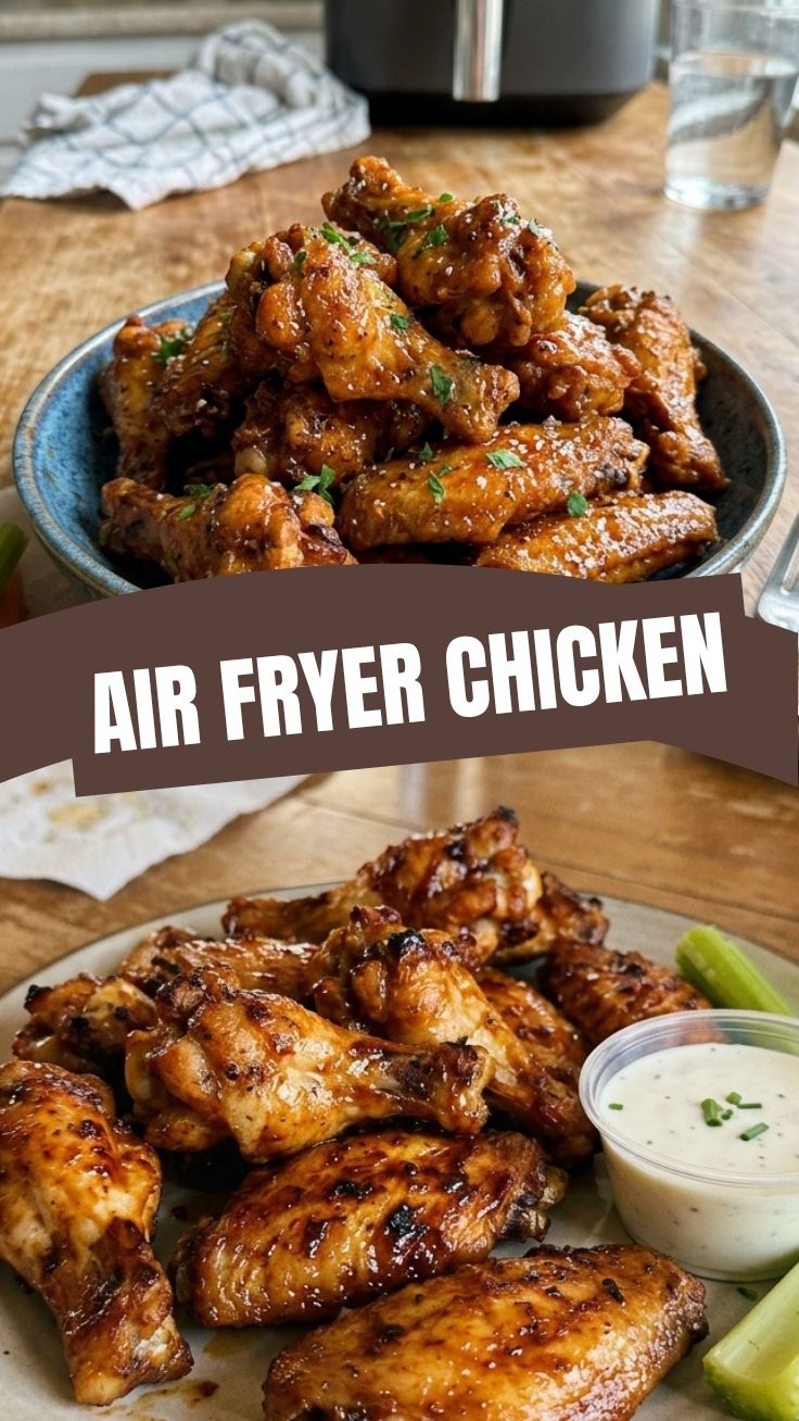 Crispy golden brown chicken wings cooked in an air fryer, presented on a platter.