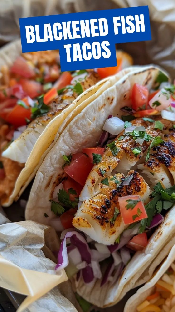 Three crispy Baja style fish tacos with white sauce and cabbage on a wooden board.