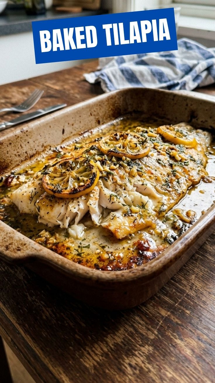 A flaky piece of baked tilapia seasoned with herbs, served on a white plate.
