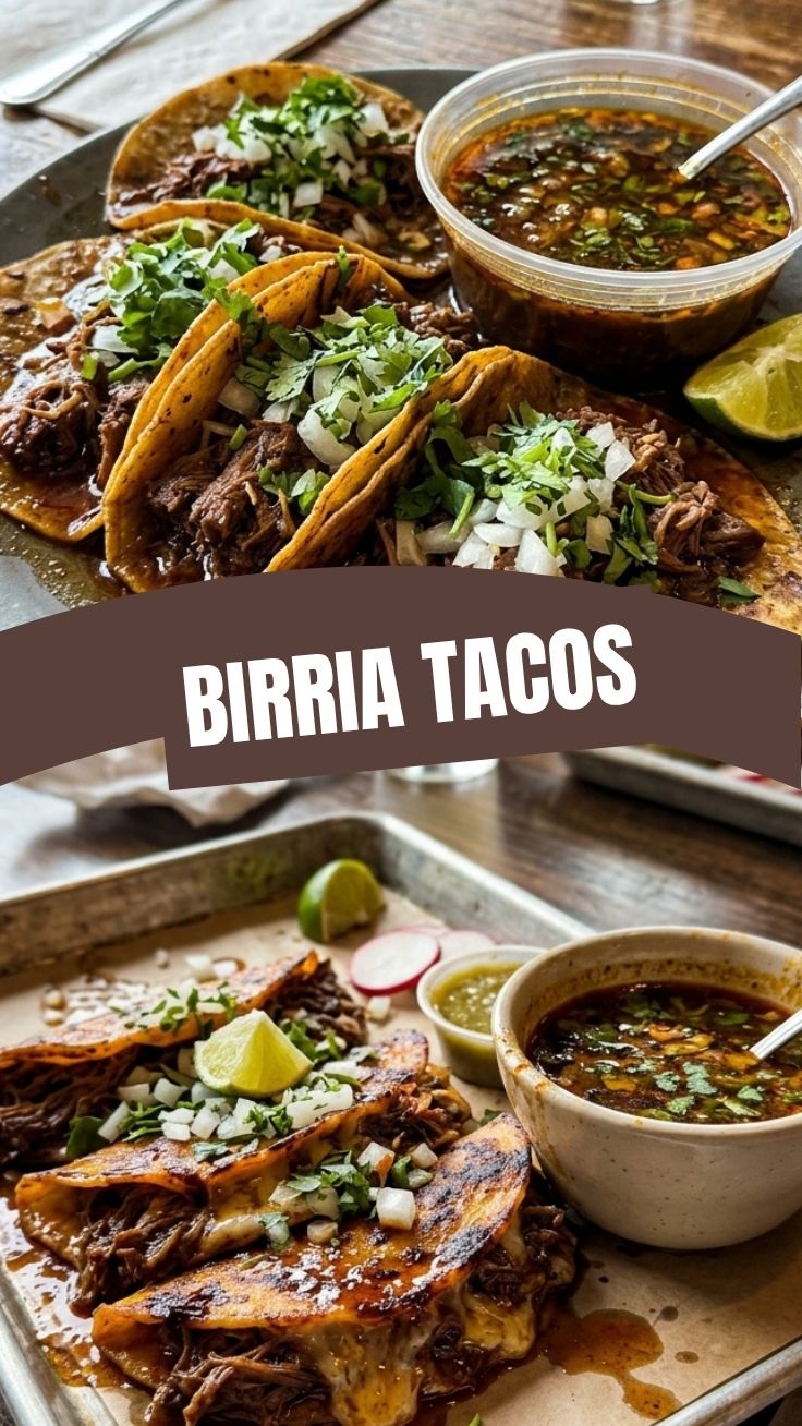 Close-up of three birria tacos with consome and cilantro
