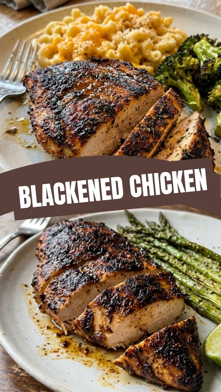 A serving of perfectly cooked blackened chicken with a dark, flavorful crust.
