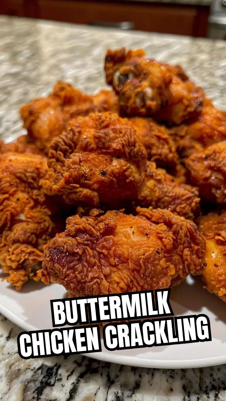 Golden-brown crispy buttermilk fried chicken pieces on a serving platter.