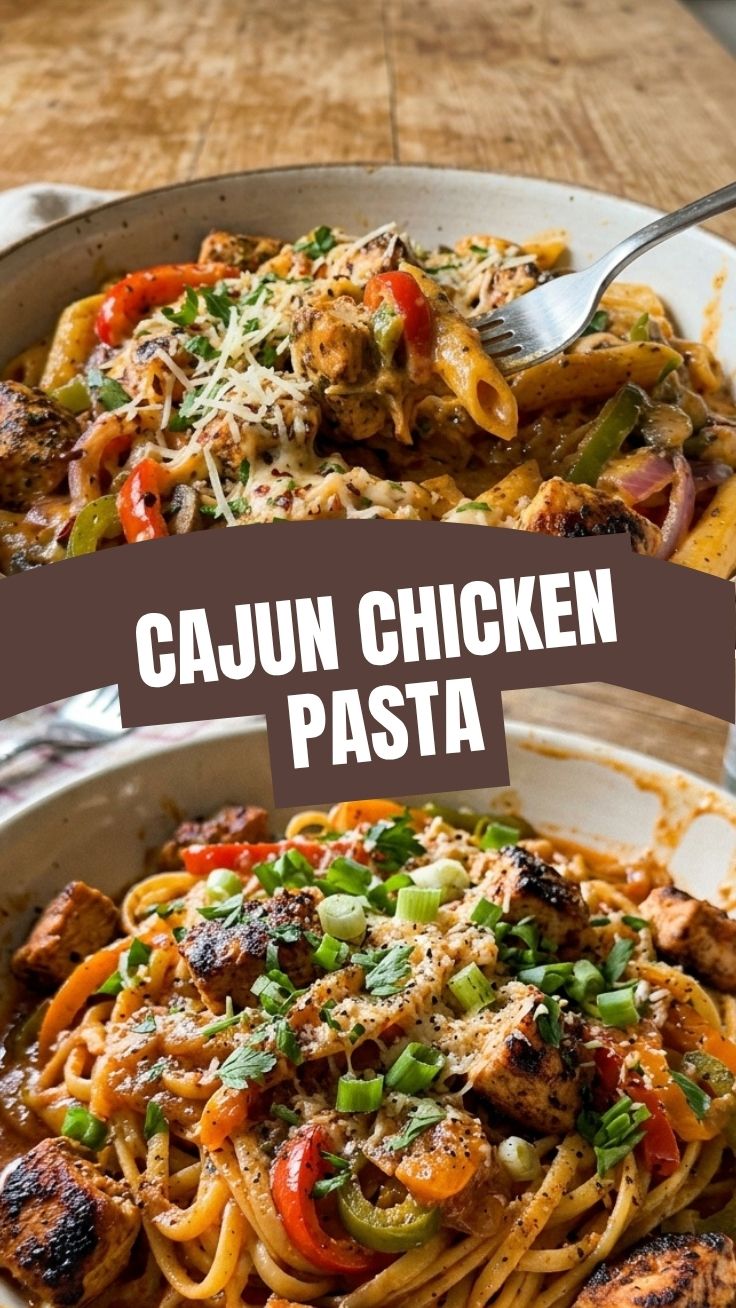 A close-up shot of a creamy Cajun chicken pasta dish, garnished with fresh herbs.