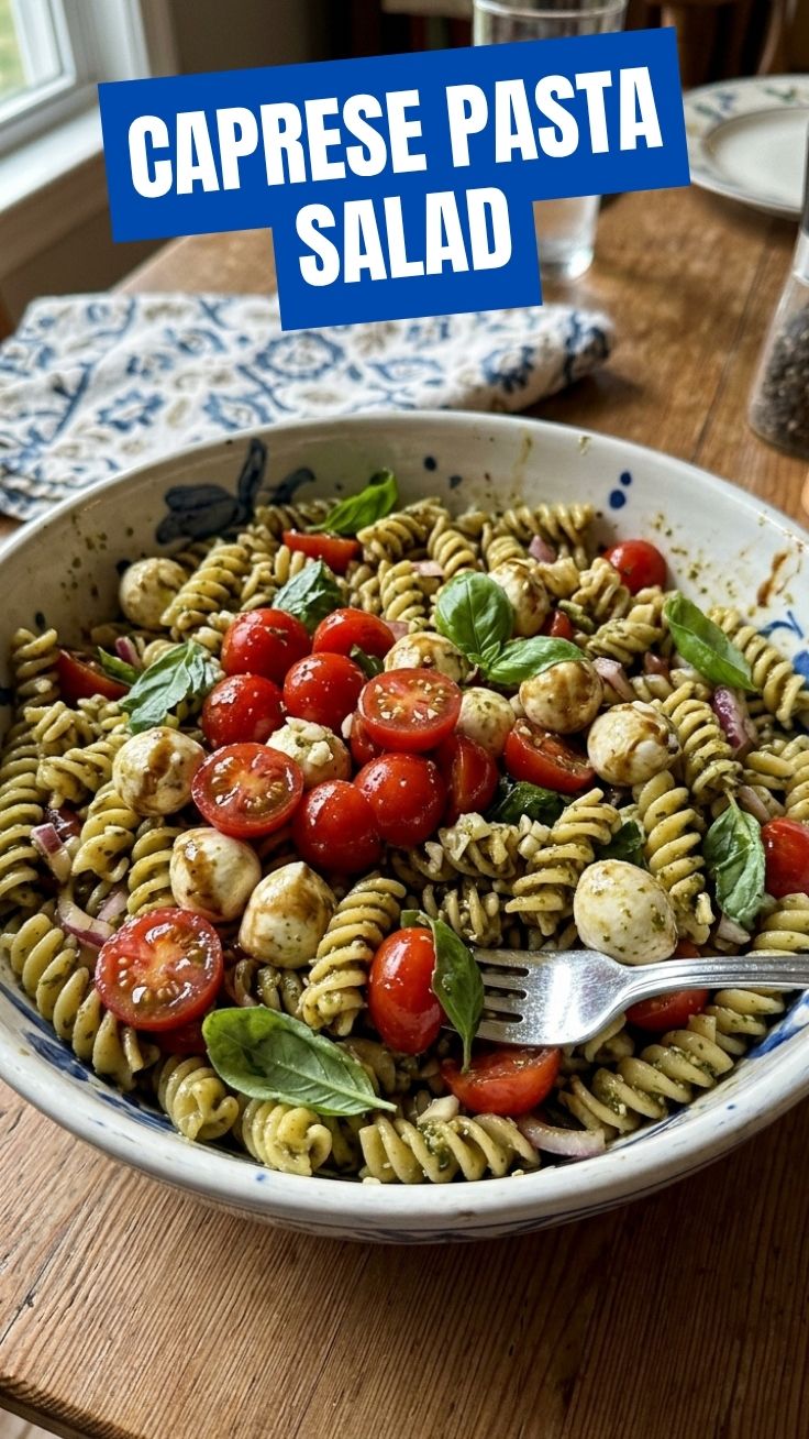 A vibrant Caprese pasta salad showcasing fresh mozzarella, cherry tomatoes, and basil