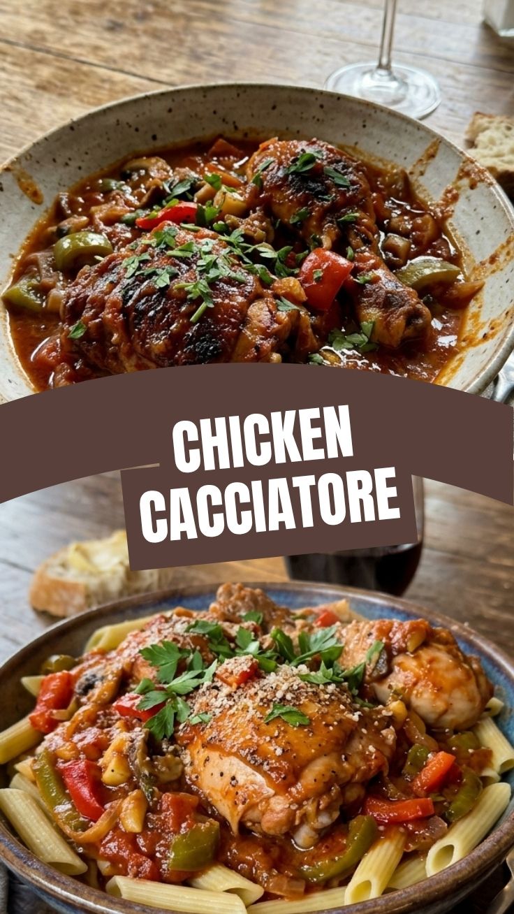 A serving of delicious chicken cacciatore with rich sauce