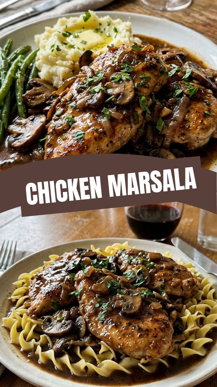 A serving of professionally prepared Chicken Marsala with mushrooms