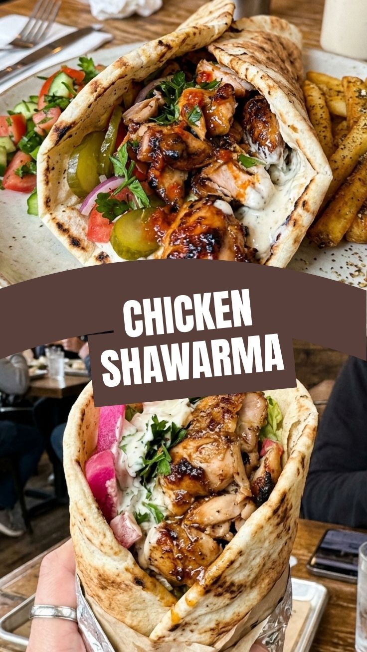 A close-up of a chicken shawarma plate with thinly sliced chicken, pickles, and sauce.