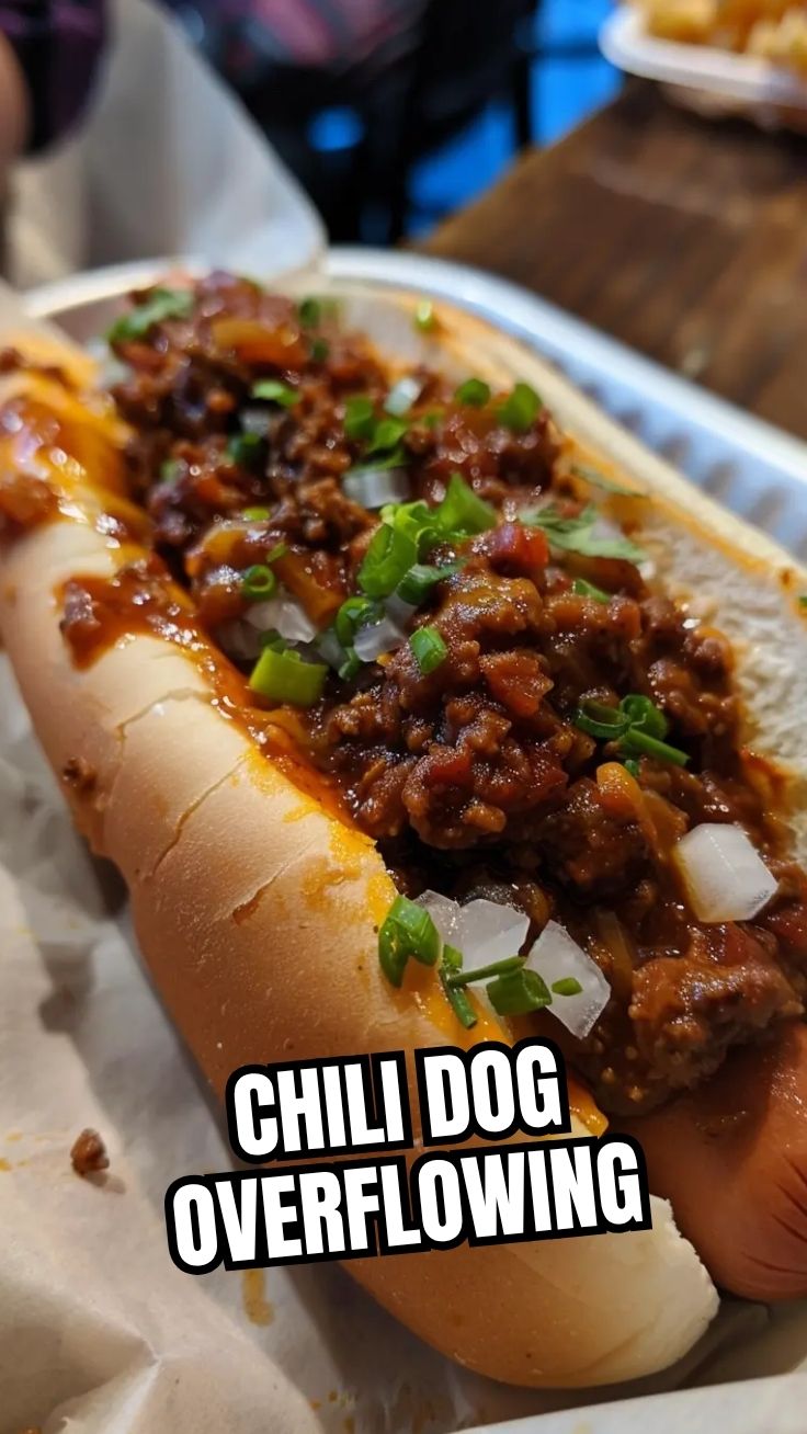 A loaded chili dog with a generous topping of chili and cheese.
