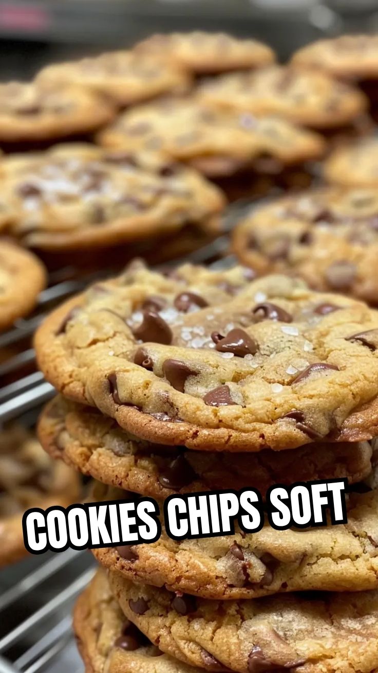 Freshly baked chocolate chip cookies stacked on a cooling rack.