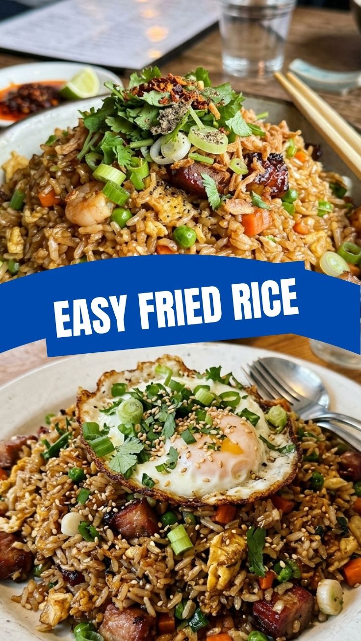 A serving of classic fried rice with vegetables and egg, ready to eat