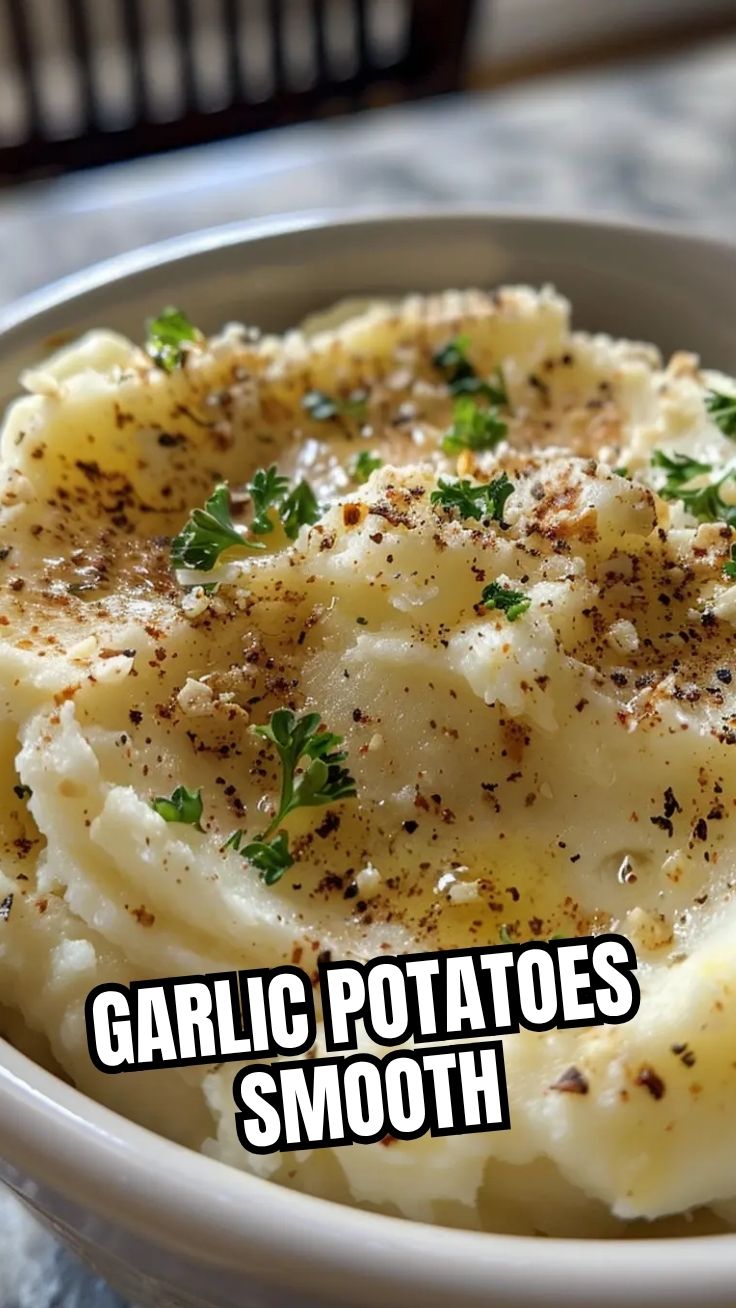 A bowl of creamy garlic mashed potatoes, perfectly smooth and fluffy.