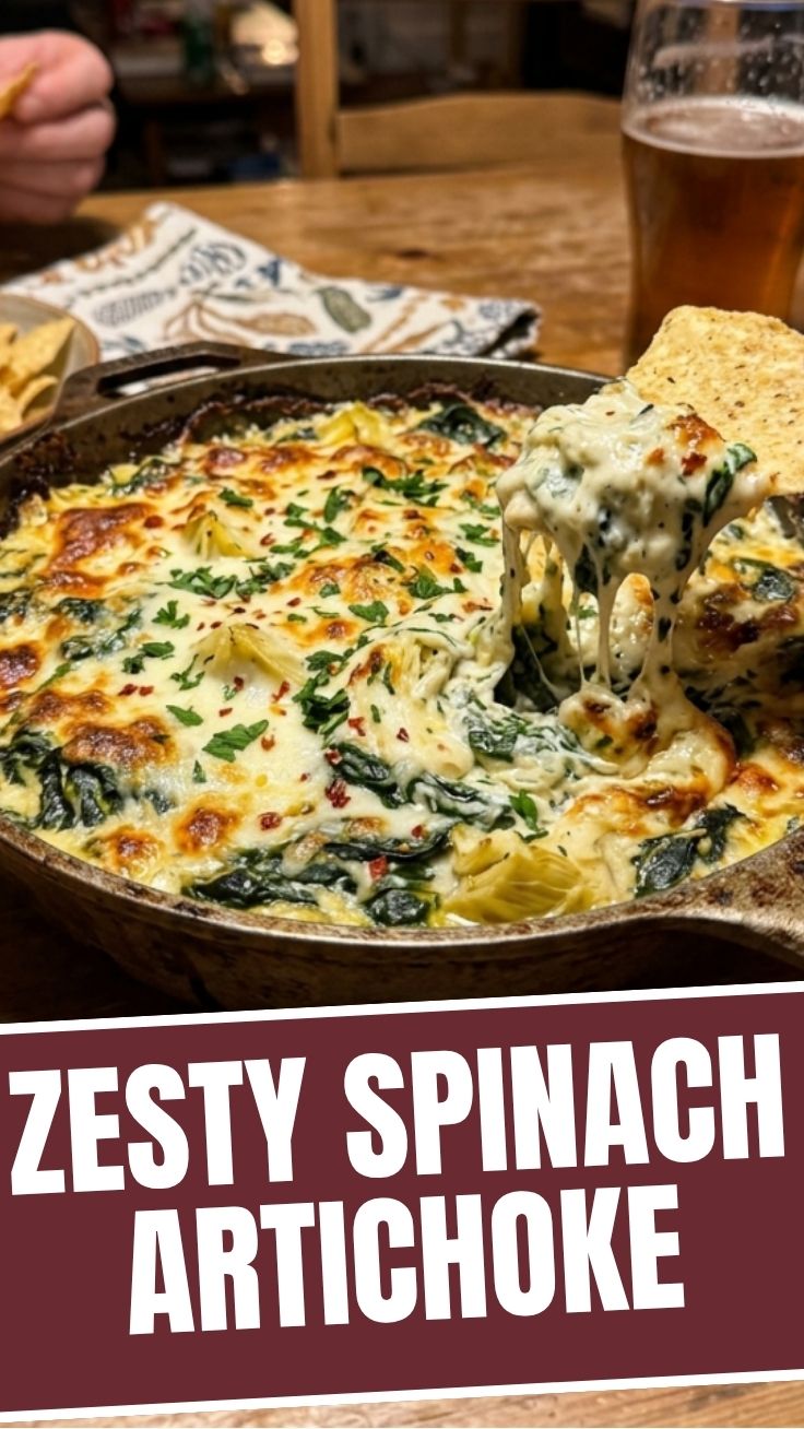 A hot and bubbly spinach artichoke dip, freshly baked and ready to eat