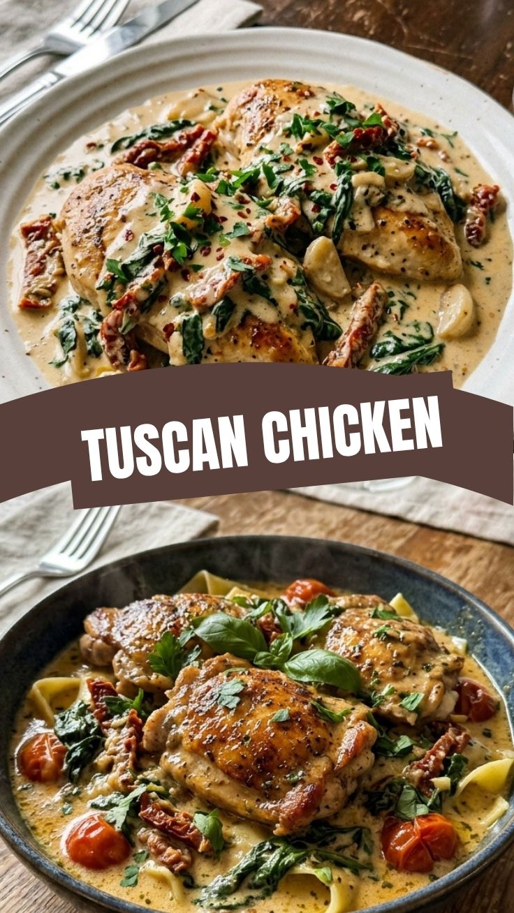 A serving of creamy Tuscan chicken with sun-dried tomatoes and spinach in a bowl.