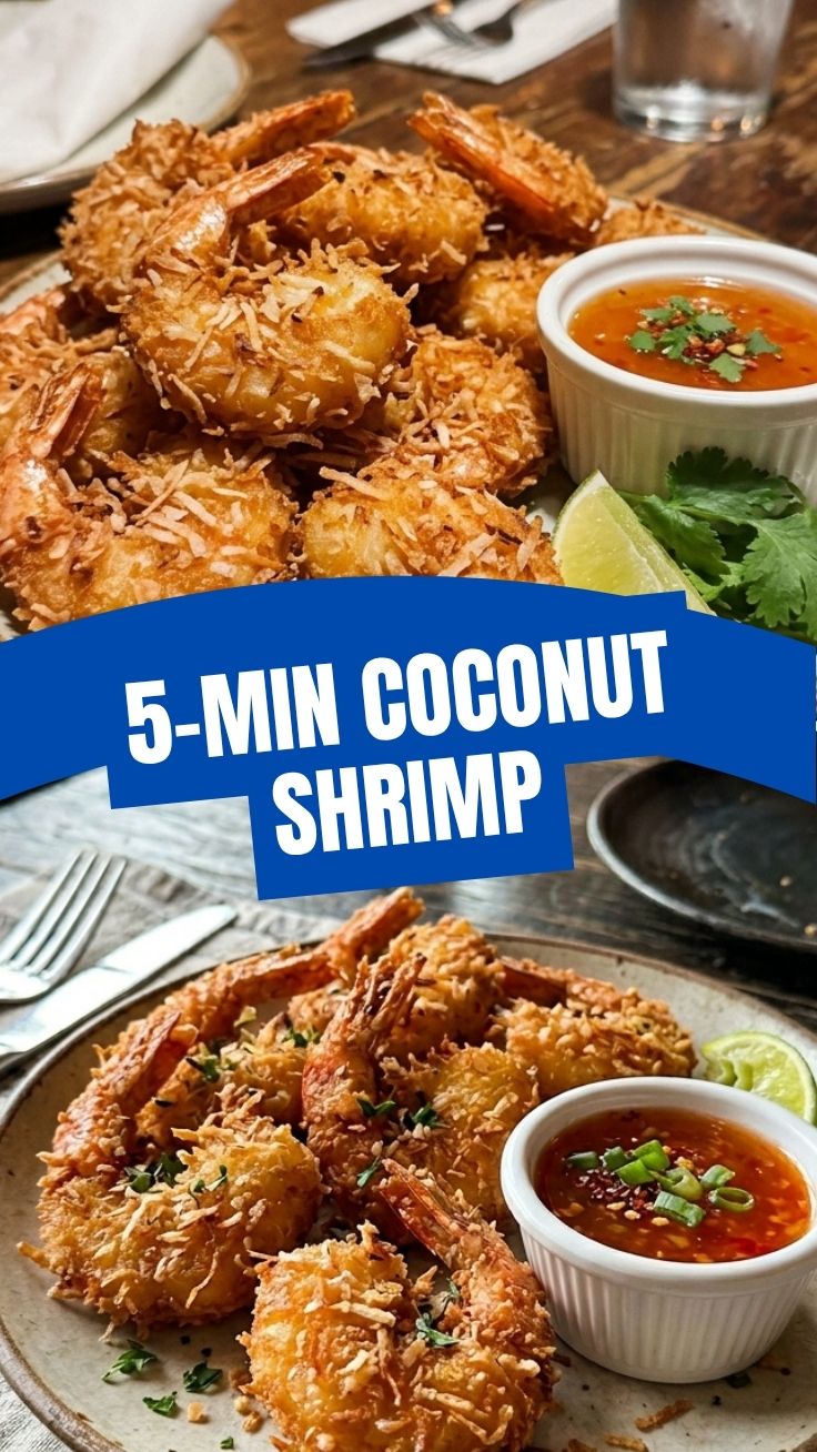 A serving of golden, crispy coconut shrimp with a dipping sauce.