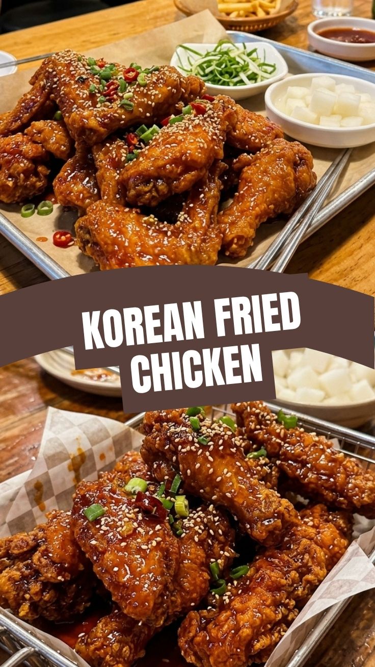 Crispy Korean fried chicken, glazed and garnished, ready to serve