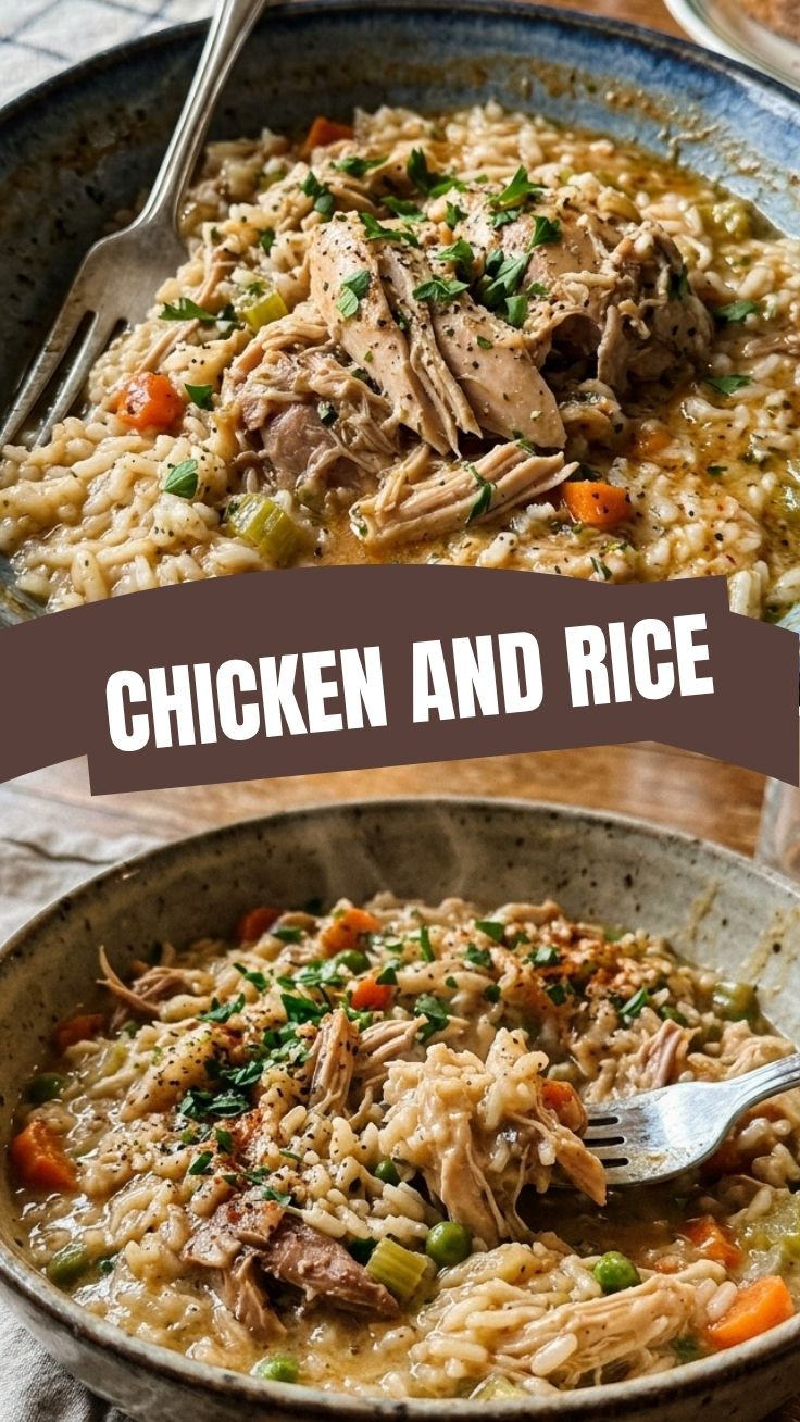 A hearty serving of crockpot chicken and rice in a bowl.