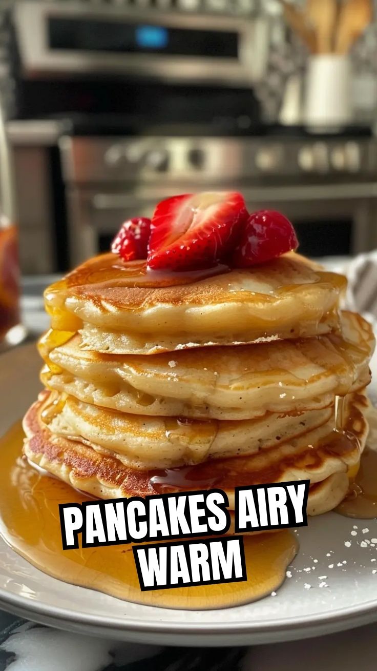 A stack of perfectly golden fluffy pancakes with syrup