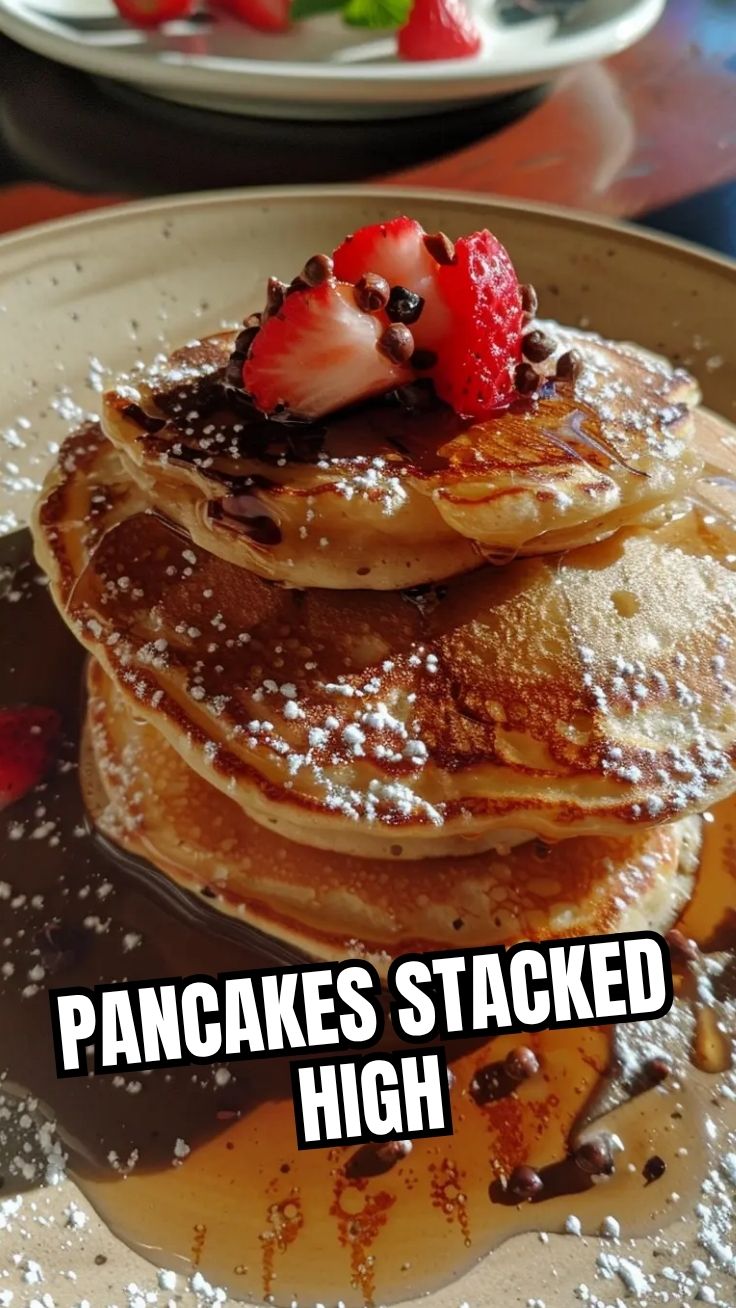 A stack of fluffy golden pancakes drizzled with syrup