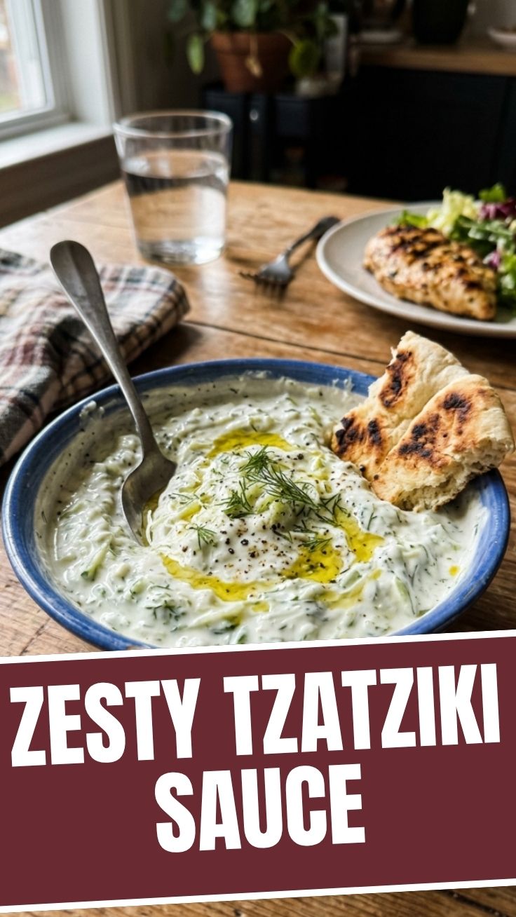 A bowl of fresh homemade tzatziki sauce with dill garnish
