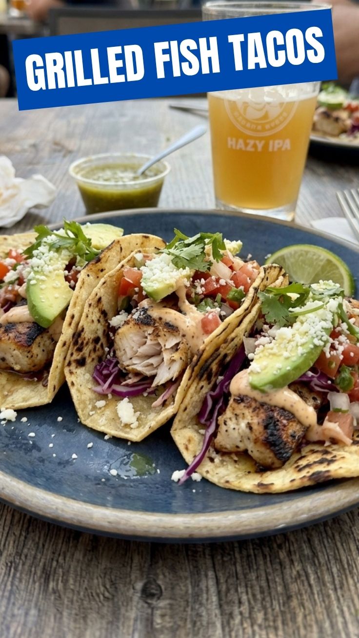Three grilled fish tacos with vibrant toppings on a dark plate