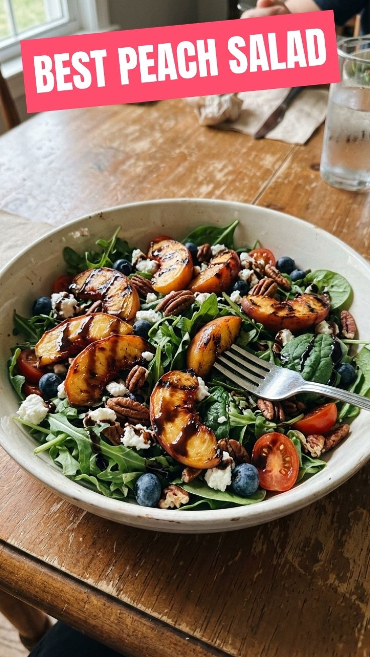 A vibrant grilled peach salad with leafy greens and crumbled cheese.