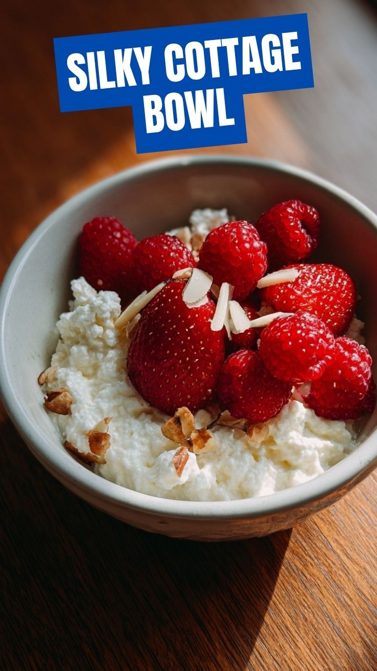 A bowl of high protein cottage cheese topped with fresh berries and nuts.