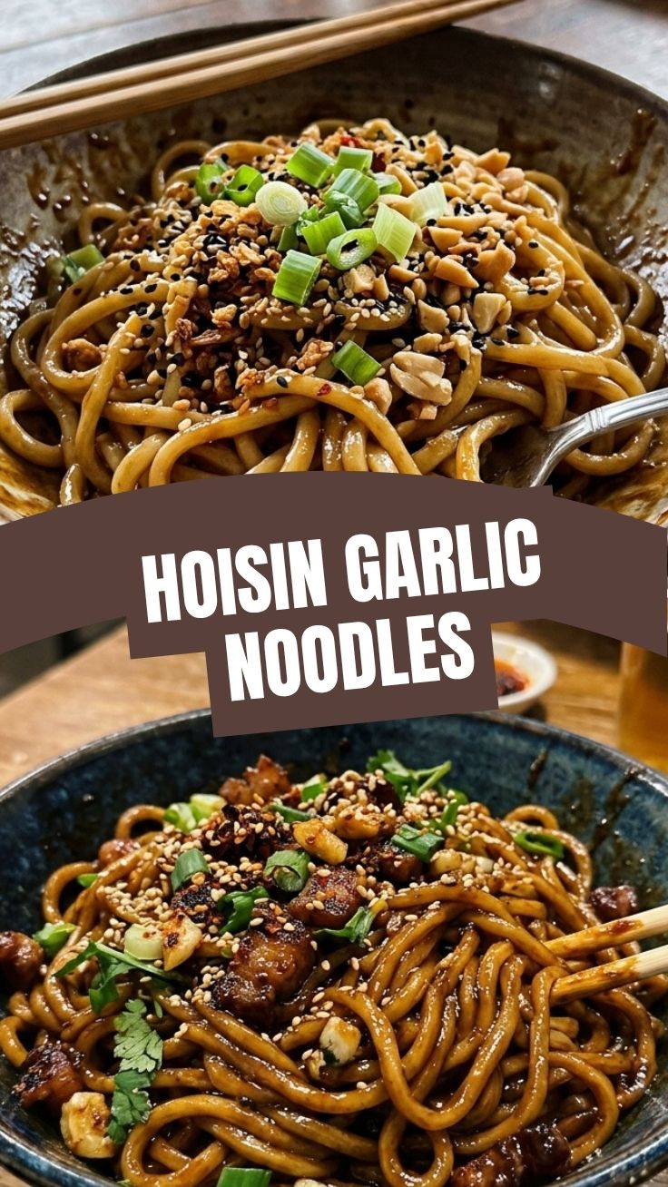 Close-up of hoisin garlic noodles with a glossy sauce and vibrant garnishes