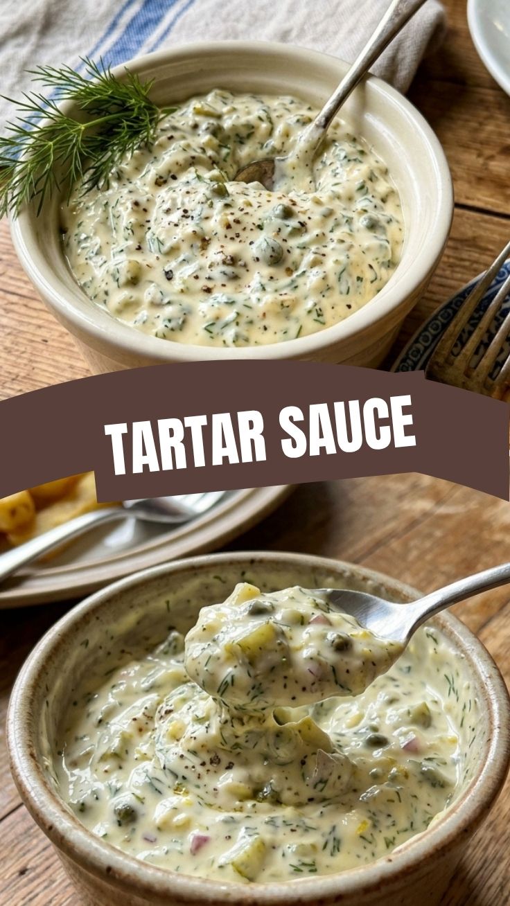A bowl of creamy homemade tartar sauce, glistening and ready for seafood.