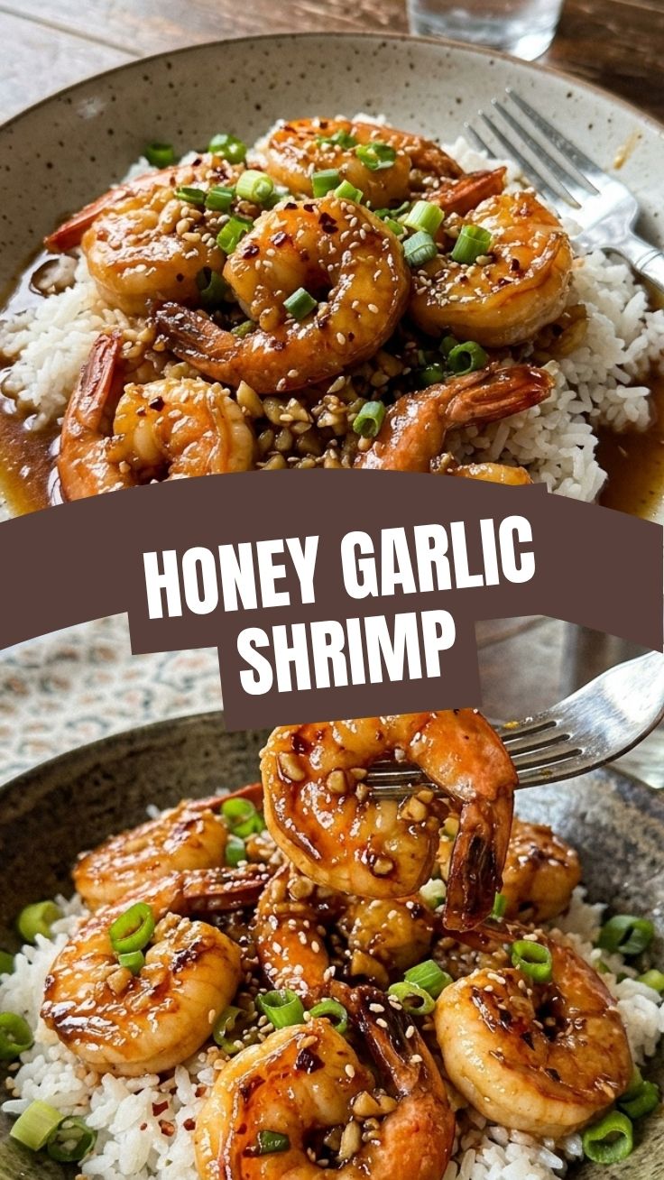 Close-up of perfectly cooked honey garlic shrimp in a pan