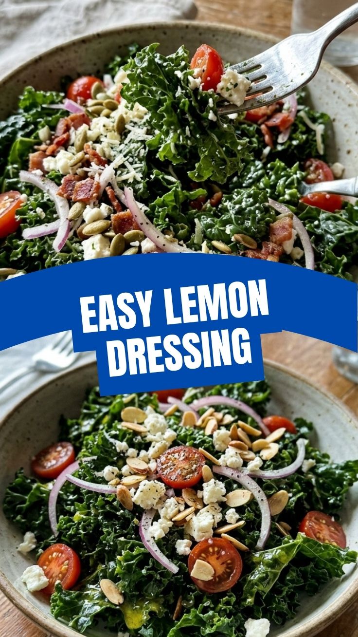 A vibrant kale salad drizzled with a tangy lemon dressing, ready to be served.