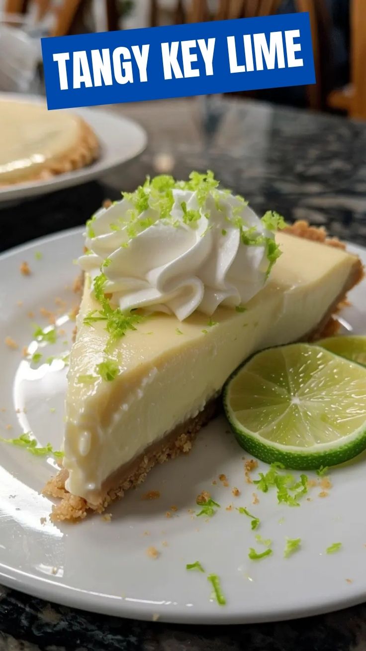 A vibrant slice of key lime pie with a graham cracker crust and whipped cream.