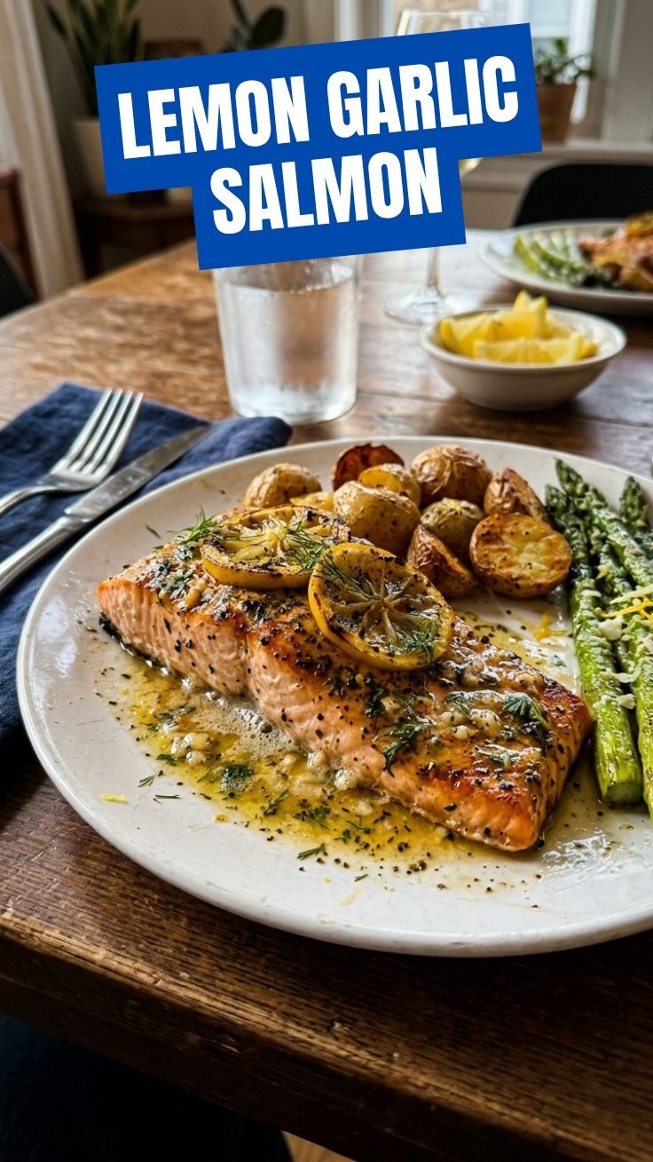 A perfectly cooked Lemon Garlic Salmon fillet with herbs.