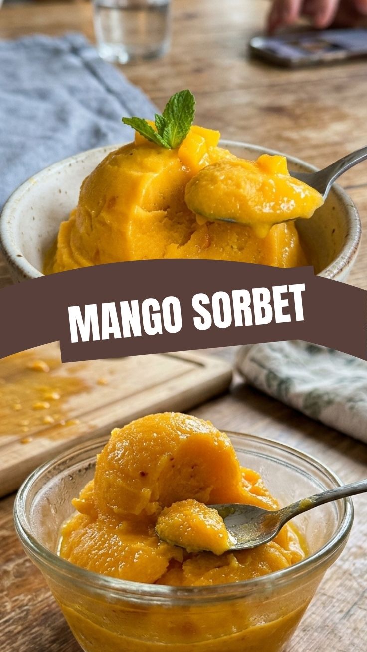 A refreshing bowl of 3-ingredient mango sorbet, perfect for a hot day.
