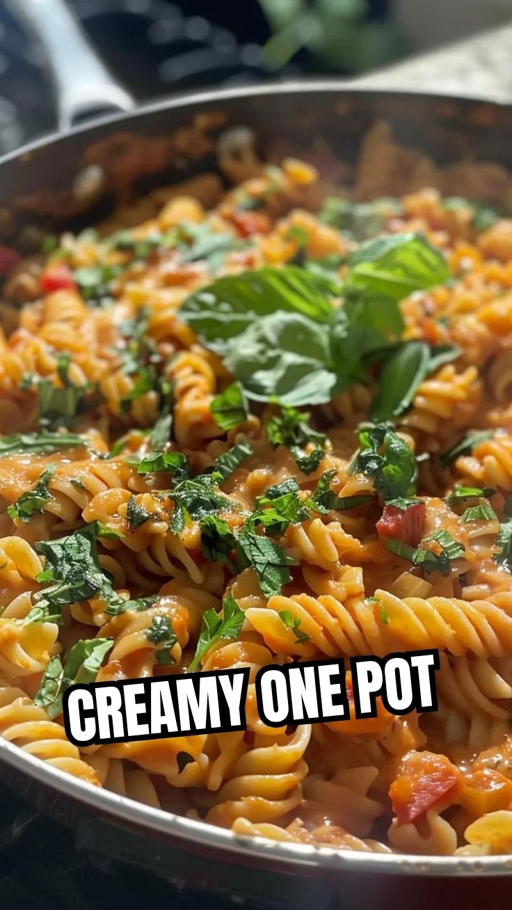 A steaming bowl of one pot pasta served on a kitchen counter.