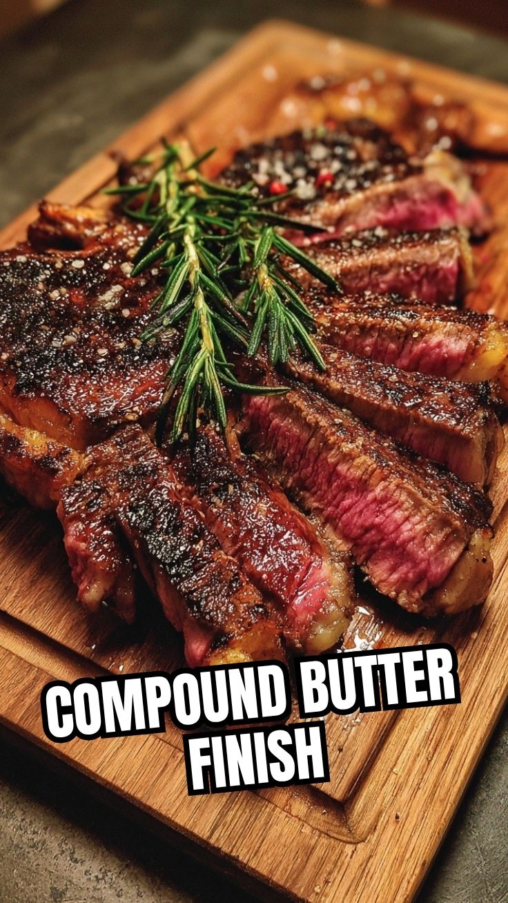 A perfectly cooked pan-seared ribeye steak resting on a cutting board