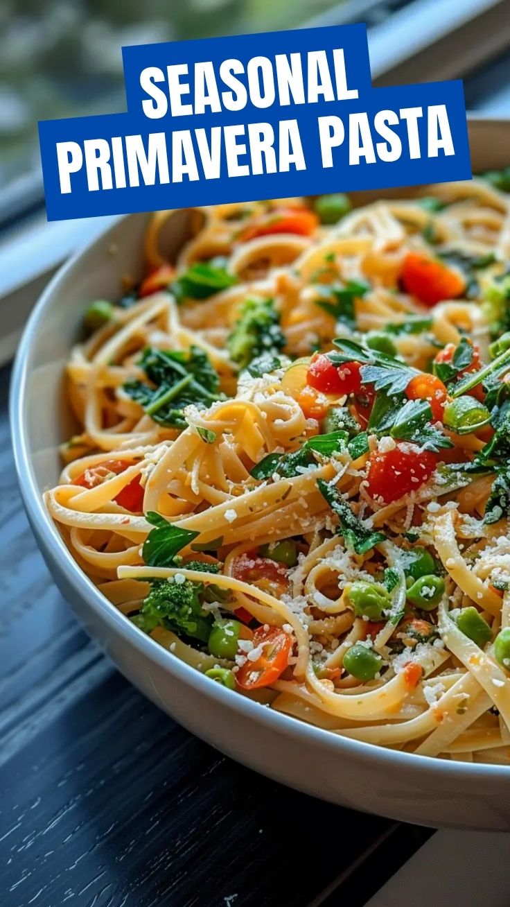 A colorful bowl of fresh Pasta Primavera with assorted vegetables
