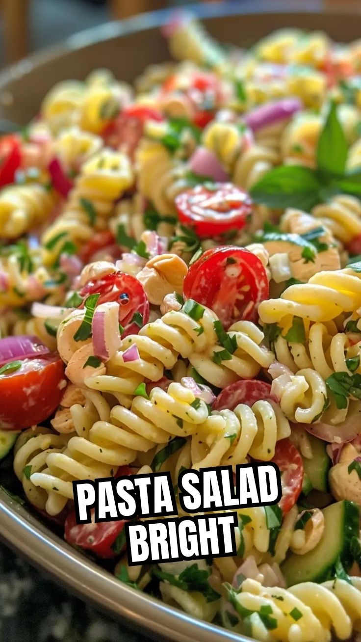 A vibrant pasta salad with fresh vegetables and dressing in a large bowl