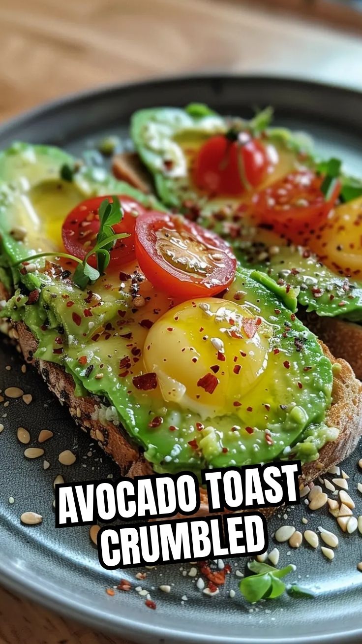 A freshly prepared avocado toast on a ceramic plate, ready to eat.