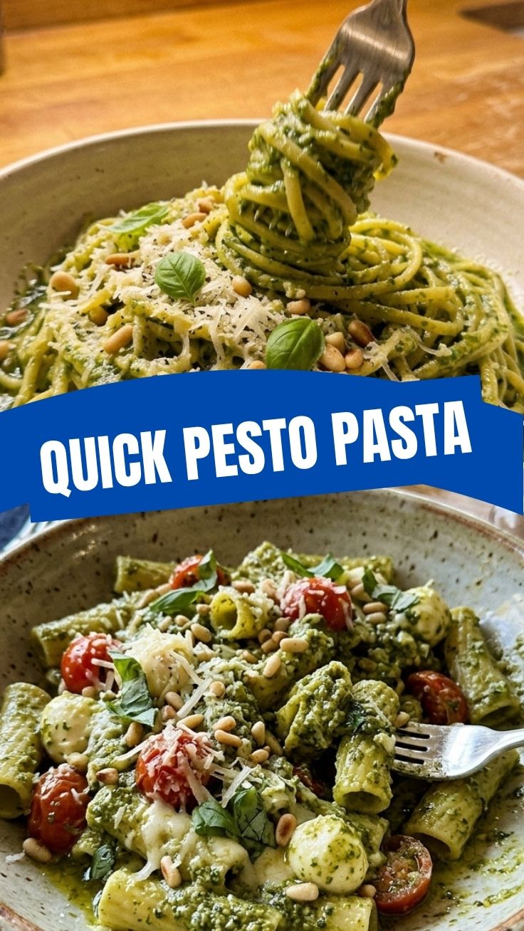 A bowl of delicious pesto pasta garnished with fresh basil