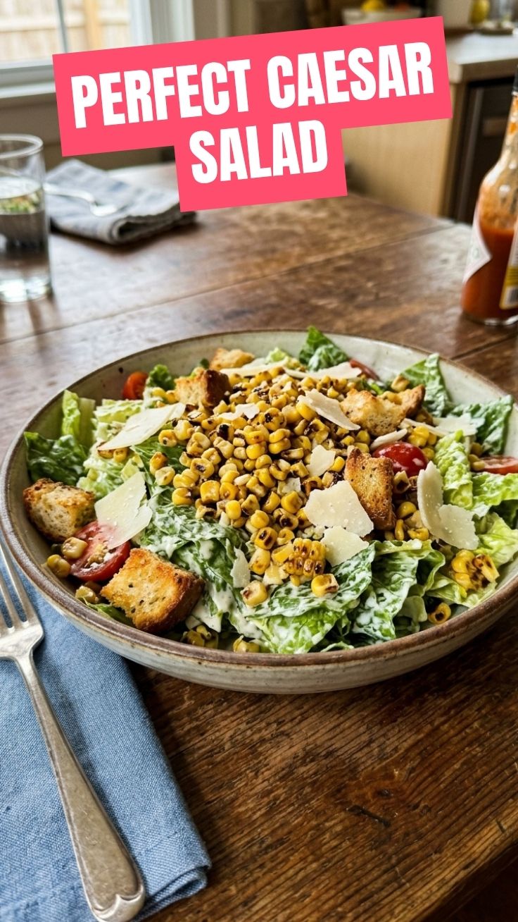 A vibrant bowl of roasted corn Caesar salad with fresh lettuce and croutons.