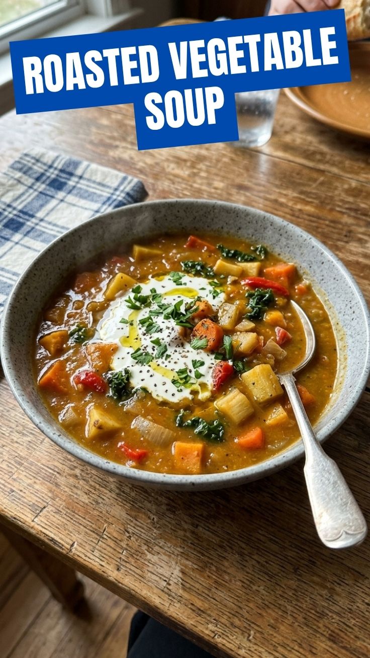 A steaming bowl of rich roasted vegetable soup