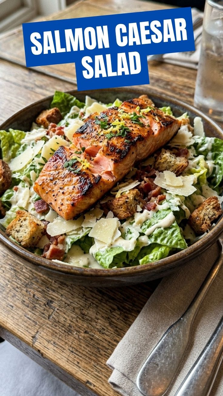 A vibrant Salmon Caesar Salad with grilled salmon fillets atop crisp romaine lettuce.