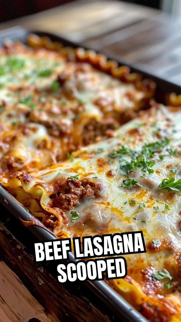 A freshly baked beef lasagna with melted cheese on top