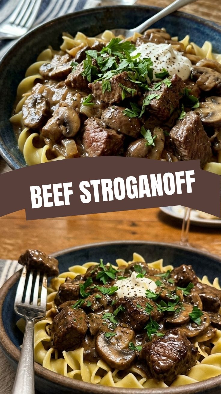 A bowl of savory Beef Stroganoff with tender beef and creamy sauce.