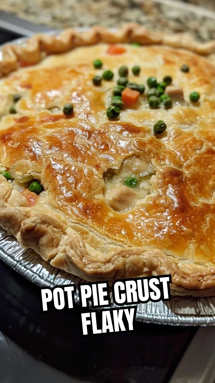 A golden-crusted chicken pot pie fresh from the oven, served in a ceramic dish.