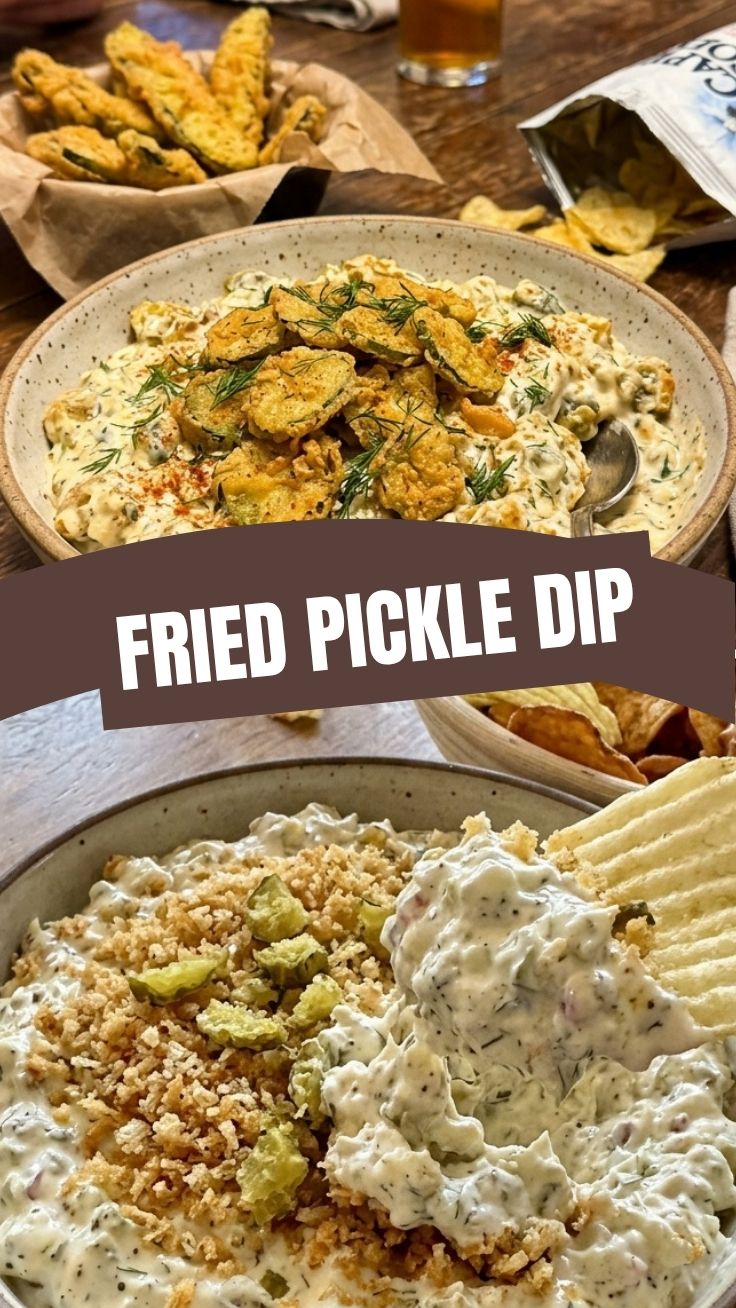 A bowl of creamy fried pickle dip, garnished with fresh dill and fried pickle pieces.