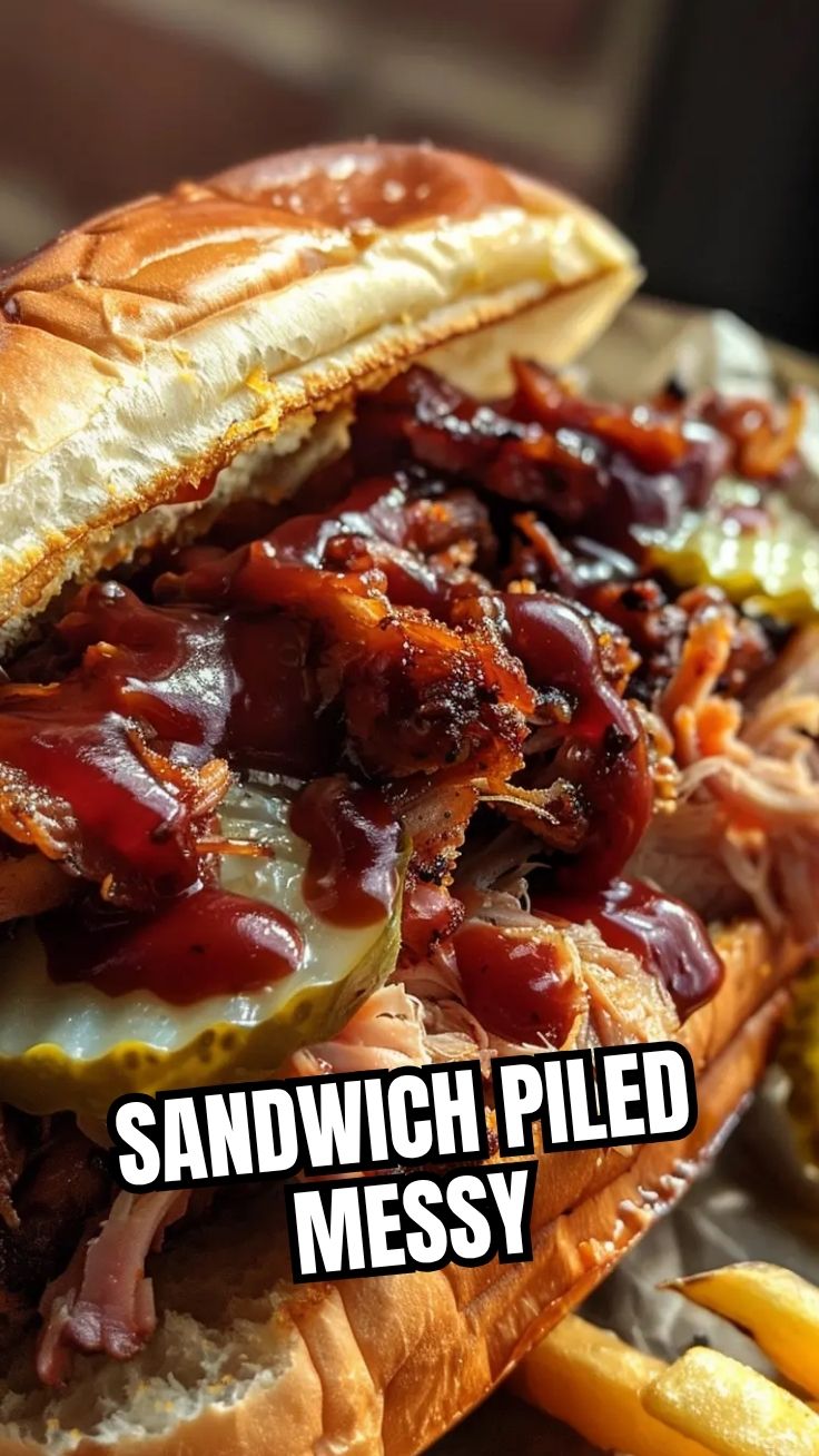 A close-up of a juicy pulled sandwich overflowing with tender meat and sauce