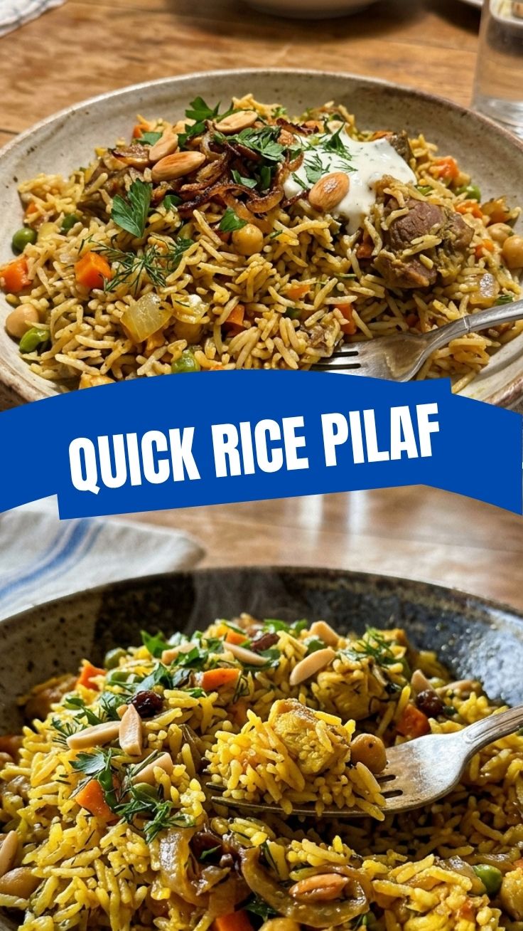 A steaming bowl of savory rice pilaf garnished with fresh herbs