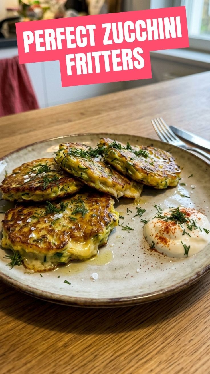 A plate of freshly made zucchini fritters, golden brown and garnished with herbs.